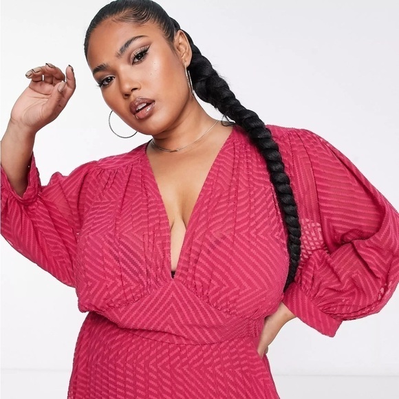 ASOS DESIGN Curve pleated batwing midi dress chevron texture Magenta sz 24 NWT - Picture 6 of 16